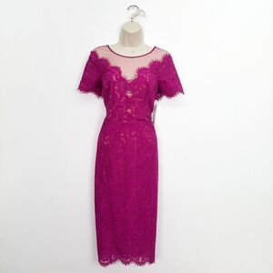 Rene Ruiz Collection Women’s Fuchsia Magenta Lace Cocktail Illusion Neckline Sho